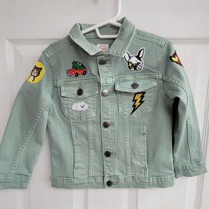 Childrens 4T green upcycled jean jacket with iron on patches